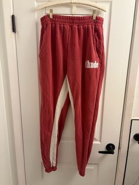 Rhude Red Fleece Jogger Pants with White Stripe
